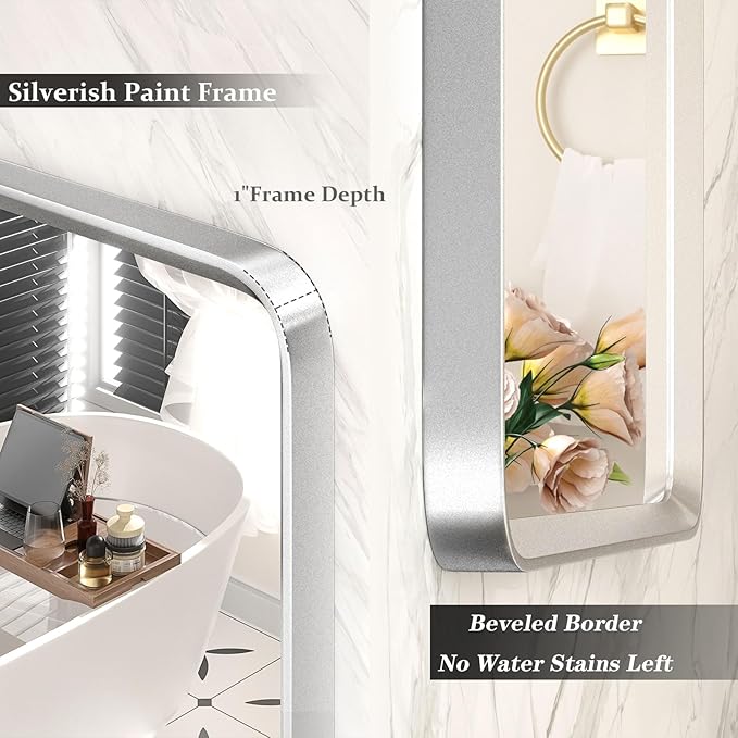 24x36 Inch Silver Framed Mirror, Silver Bathroom Vanity Mirror for Wall, Brushed Nickel, Rounded Rectangle Mirror, Shatterproof, Anti-Rust (Horizontal/Vertical)