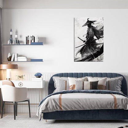 Black and White Warrior Wall Decor Japanese Samurai Wall Art Prints Vintage Japanese Cultural Samurai Pictures Canvas Painting Framed for Living Room Bathroom Bedroom Office (18''W x 24''H)