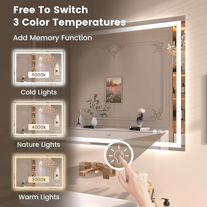 Snowdool 40"X36" LED Bathroom Mirror with Front Lights and Backlit, Anti-Fog, Dimmable, Shatter-Proof Tempered Glass, Lighted Bathroom Vanity Mirror for Wall with 3 Colors, Memory Function