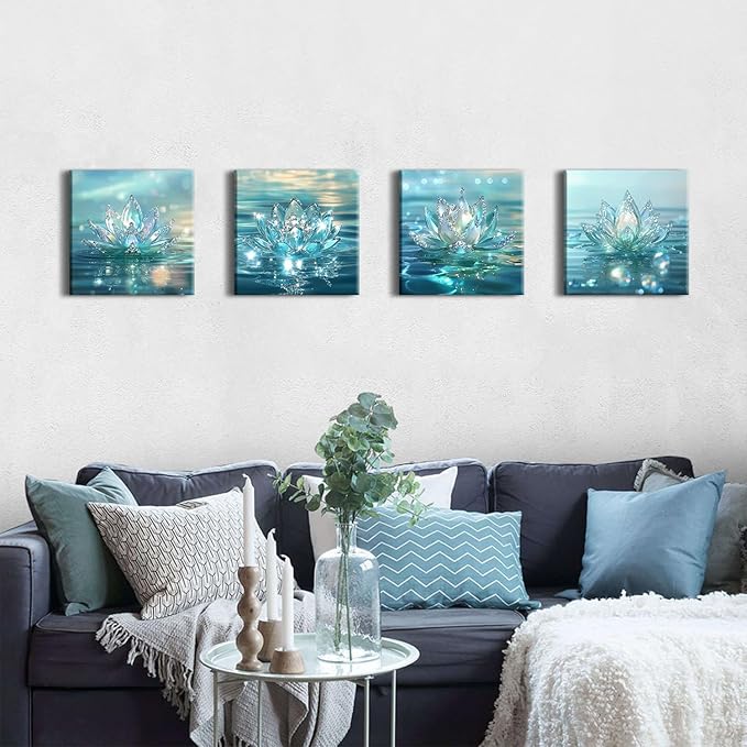Lotus Flower Wall Art Teal Bathroom Wall Decor Zen Picture for Walls Canvas Prints Paintings Spiritual Meditation Wall Decor Turquoise Water Flowers Poster Yoga Room Artwork Decorations 12x12" 4Pcs