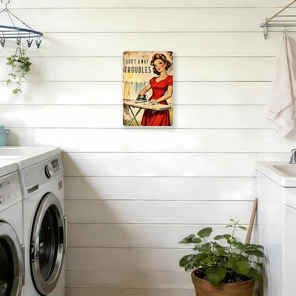 Don't Away Troubles Vintage Laundry Sign Metal Tin Plaque Funny Sarcastic Housewife Design Retro Wall Art Laundry Room Decor Farmhouse Home Gift 12x8 Inch