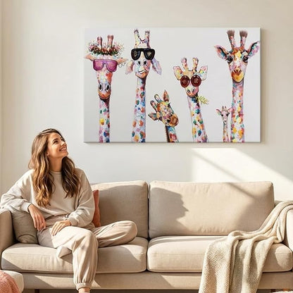 Bansky Graffiti Art Large Size 5 Giraffes Canvas Wall Art for Living Room Bathroom Framed Canvas Painting Wall Decor Modern Home Artwork Office Ready to Hang 44" WX28 H