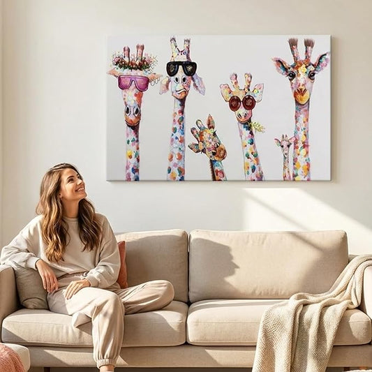 Bansky Graffiti Art Large Size 5 Giraffes Canvas Wall Art for Living Room Bathroom Framed Canvas Painting Wall Decor Modern Home Artwork Office Ready to Hang 44" WX28 H