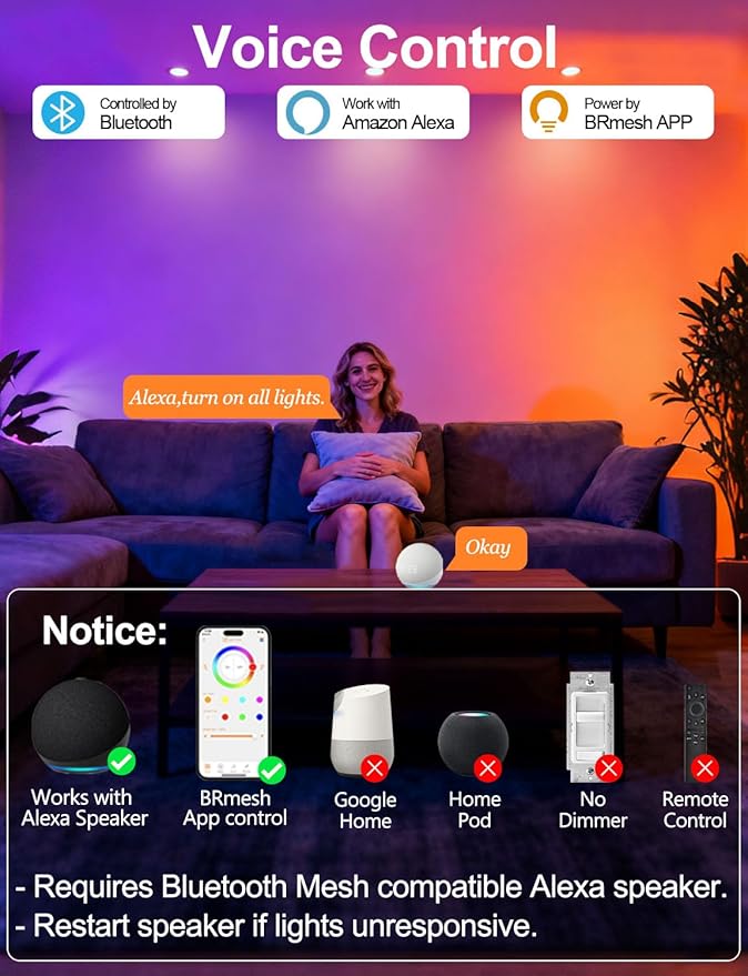 ILC 4 Inch LED Recessed Lighting Compatible with Alexa (Hub Required), 10W, APP Controlled, RGB Color Changing, 2700K-6000K, 100W Equivalent, Canless Recessed Ceiling Lights,Bluetooth MESH (6 Packs)