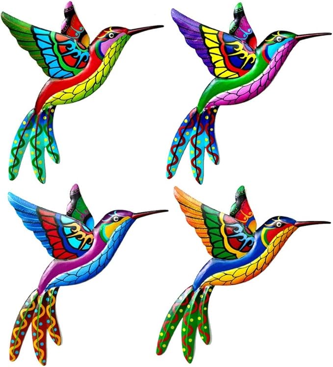 4 Pack Outdoor Garden Wall Art Decor Metal Hummingbird, 3D Colorful Garden Birds Sculpture, Metal Hand Made Bird Wall Art Decorations for Fence Patio Balcony Living Room