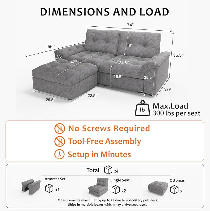 Oversized Modular Sectional Sofa with Storage, Modern Deep Seat Cloud Couch for Living Room, L-Shaped Large Sectional Couch, Loveseat, Gray