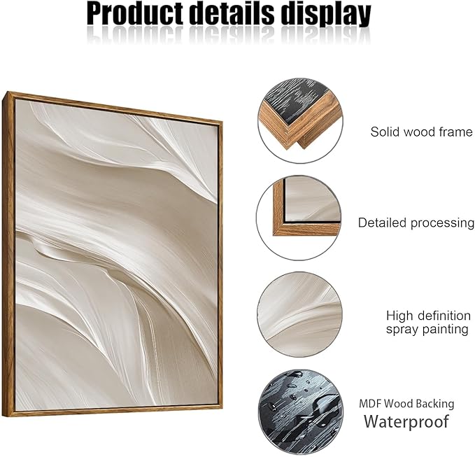 myusuar 3 Piece Large Abstract Framed Wall Art For Living Room, Smoke Texture Ink Beige White Canvas Wall Art Modern Minimalist Art Prints Wall Décor For Bedroom Office 16x24in