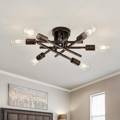 ASGYISA 6-Lights Semi Flush Mount Ceiling Light Fixture Vintage Modern Bronze Matte Sputnik Chandelier Farmhouse Ceiling Lamp for Kitchen Bedroom Dining Room Living Room Entryway.