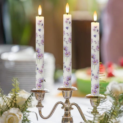 Flickering Flameless Taper Candles with Remote and Timer, 4 Pack Real Wax Battery Operated LED Taper Candles 3D Wick Purple Flower Decal Dinner Wedding Spring Home Decor(0.75" D x 9.65" H)