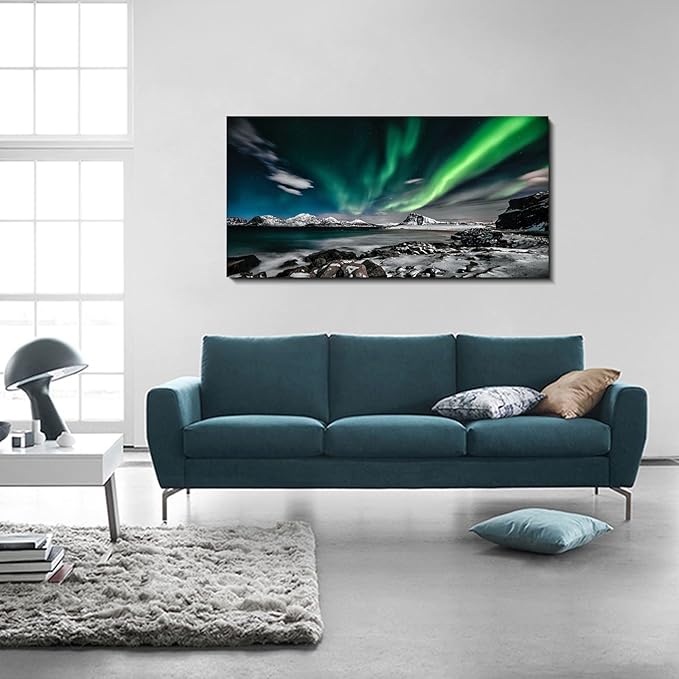 Northern Lights Canvas Print Large Green Picture Aurora Borealis Canvas Wall Art Painting for Living Room SnowyMountainsLandscape Poster Picture Wooden Framed Prints Ready to Hang