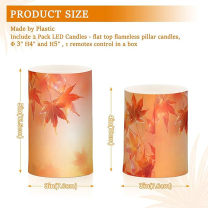 Thanksgiving Decorations Lights Flameless Candles Thanksgiving Autumn Leaves Golden Maple Leaves Pillar Candles Set of 2 Battery Operated Remote Control Warm Lights