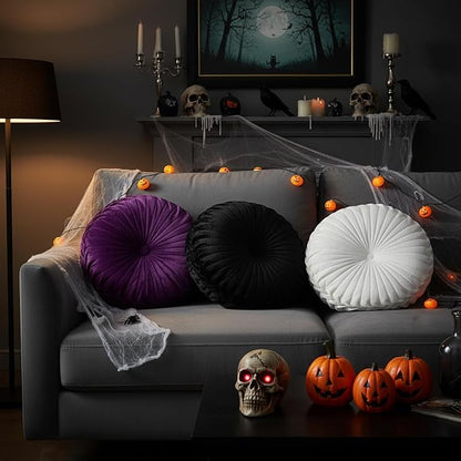 Beeveer 3 Pcs Round Throw Velvet Pillows Classy Accent Pumpkin Throw Pillows 15 Inch Decorative Cushion for Couch Chair Bed Car, 2 Styles(Black, Purple, White)