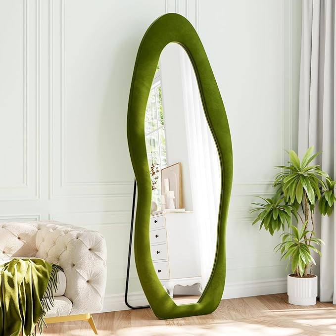 Full Length Mirror, 63"x24" Full Body Mirrors, Flannel Floor Mirrors with Stand, Irregular Wavy Mirror Hanging or Leaning Against Wall for Bedroom Living Room, Green