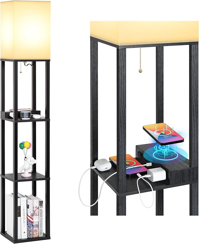 Mlambert Modern Shelf Floor Lamp with Wireless Charger & Fast Charging USB Ports & Type C Port & 2 Power Outlets,3 Tier Storage Lamp for Bedroom,Black