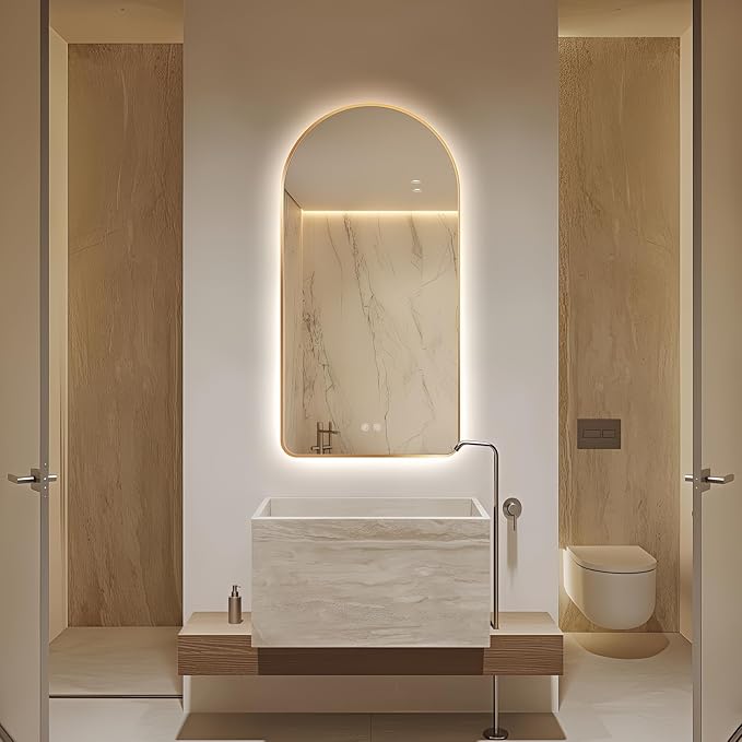 Niccy Arched LED Lighted Bathroom Mirror, 48x24 Inch Backlit Vanity Bathroom Mirror with Lights Brushed Gold Framed Wall Mounted Mirrors with 3 Color Shatterproof Arch Smart Fog Free Mirror