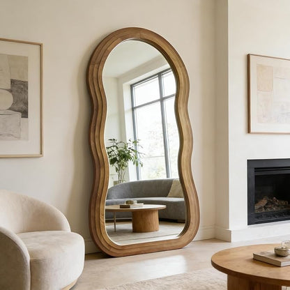 Wavy Full Length Mirror, 71"x33.5" Oversized Aesthetic Floor Mirrors with Triple Layer Solid Wood Frame, Premium Organic Full Body Mirror for Living Room Entryway Cloakroom, Leaning/Hanging
