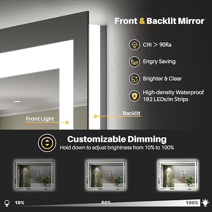 Briivue 48x38 Inch LED Bathroom Mirror with Lights, Backlit & Front Lit, Anti-Fog Lighted Bathroom Vanity Mirror for Wall, Memory Function, Dimmable, HD Tempered Glass, Shatter-Proof