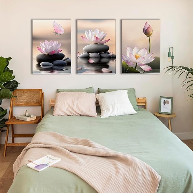 AOYUSMO 3 Piece Lotus Flower Wall Art Zen Bathroom Wall Decor Spiritual Canvas Art Yoga Room Pink Lotus Pictures Meditation Paintings Spa Artwork For Living Room Bedroom