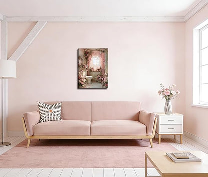 Frimeeme Romantic Rose Garden Toilet Decor,Pink Floral Bathroom Canvas Wall Art, Modern Landscape Prints for Bathroom Restroom Home Decoration((12x16 in Canvas), 12x16 Inch