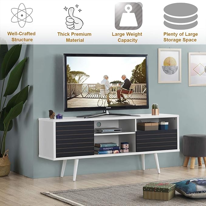 Tangkula Mid-Century Modern TV Stand for TVs up to 70 Inch, Wooden TV Console Table with Storage Shelves, Cabinet and Drawer, TV Storage Cabinet Entertainment Center for Living Room (White & Black)
