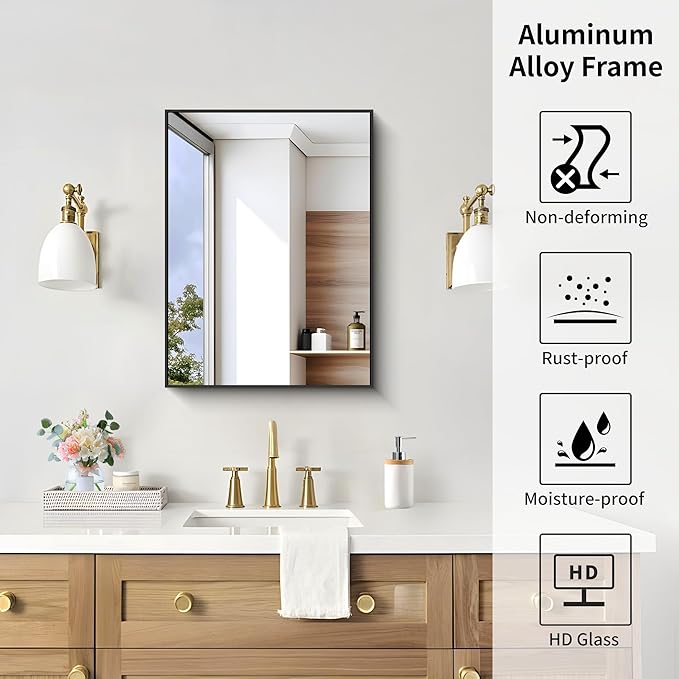 KOCUUY Black Bathroom Mirror, 18x24 Inch Rectangle Mirror for Over Sink, Modern Decorative Wall Mirror for Bedroom Living Room Bathroom, Hang Horizontal/Vertical