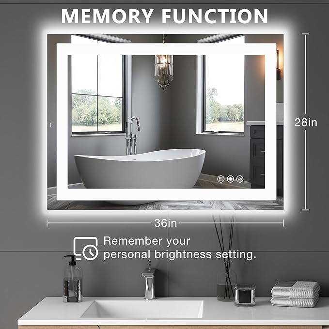 DUMOS 28.1"x36.1" LED Bathroom Mirror, Smart Anti-Fog Bathroom Vanity Mirror with Front Light & Backlit, 3 Color Temperatures, Dimmable, Memory Function