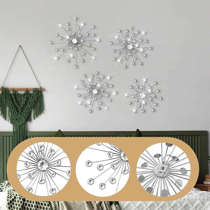 Funnymoom 4 Pcs Silver Starburst Wall Decor Metal Bling Wall Art Crystal Silver Sparkling Rhinestones Bling Decorative Hanging Diamond for Living Room Bedroom Home Office