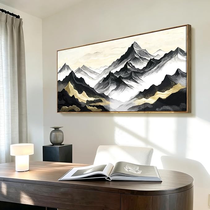 Large Framed Contemporary Black White And Gold Living Room Wall Art, Canvas Print Of Landscape Mountains; Unique Abstract Natural Artwork For Bedrooms, Offices, Studies, Entryways, And Living Rooms. 48X24 Inches.