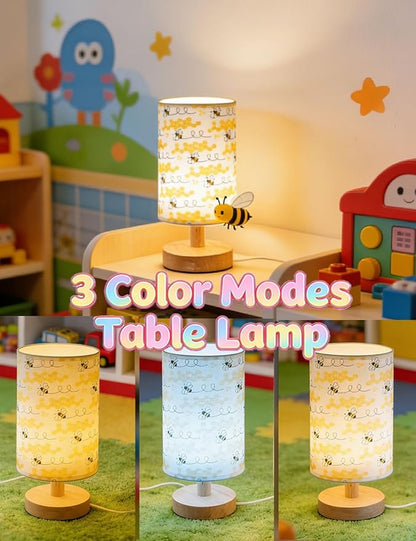 Bee Decor, Bee Night Light 3-Color Small Linen Desk Lamp, 10 x 5.12 Inch with Integrated LED, for Boys & Girls Bedroom,Living Room Bedroom Room Lighting Table Lamps Home Decoration (Honeybee)