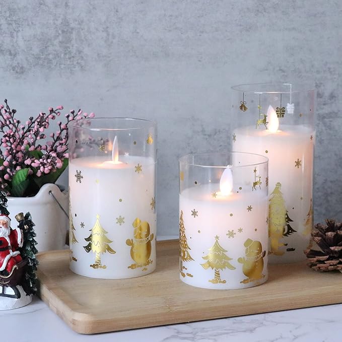 Christmas Battery Operated Flameless Candles Flickering Remote and Timer Glass LED Pillar Candles Moving Wick Real Wax Gold Snowman Christmas Tree Decals Holiday Decor D3 x H4, 5", 6"