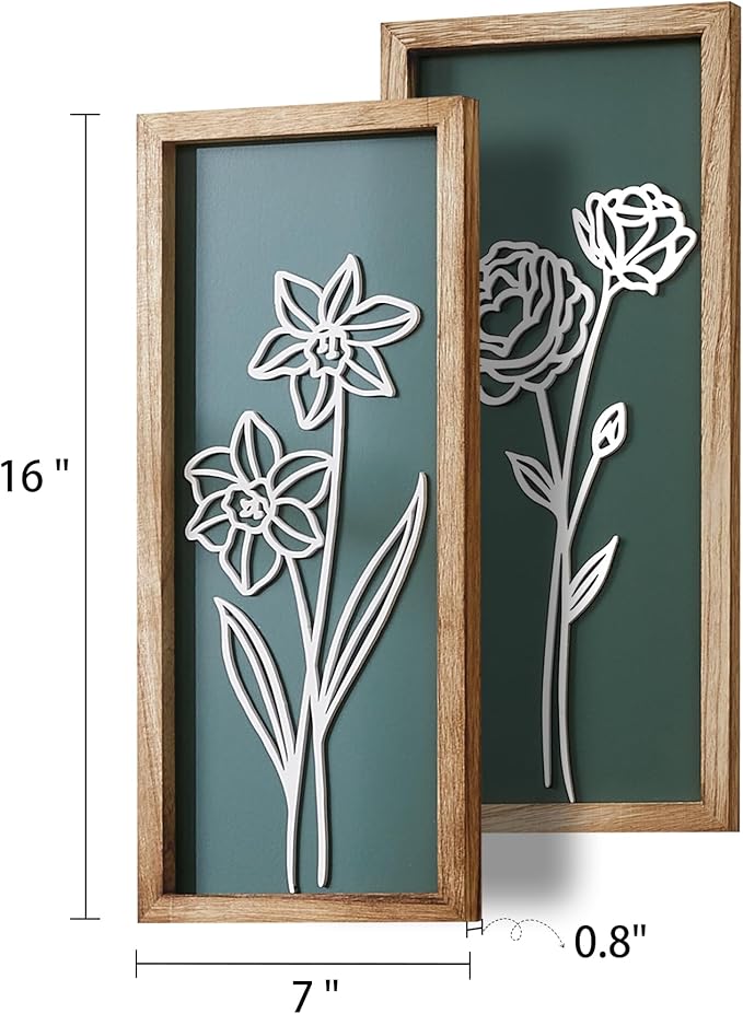 HKBS 3D Wooden Floral Wall Art, Set of 2 Framed Flowers Wall Art Sculptures, Boho Farmhouse Minimalist decor for Bathroom, Bedroom, Living Room, Kitchen or Office Wall Decorations Housewarming Gifts (Green)