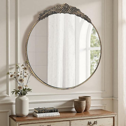 Growsun Round Wall Mirror with Vintage Black Floral Frame – 28 Inch Decorative Wall Mirror for Living Room, Bedroom, Entryway, Bathroom Vanity – Elegant Antique Accent Home Décor