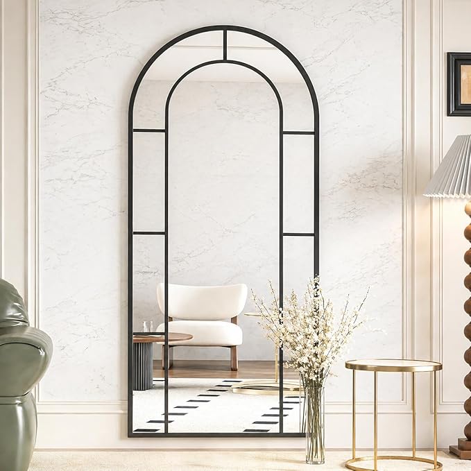 Arched Full Length Mirror, 56"x22" Large Window Floor Mirror, Farmhouse Pane Mirrors with Metal Framed, Full Body Wall or Leaning Mirrors for Bedroom, Living Room (Black)