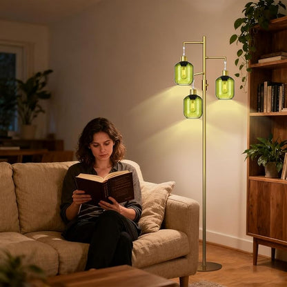 Glass Floor Lamps for Living Room, Modern Standing Lamps with Green Shade, Dimmable Green Tall Floor Lamp, Mid Century Gold 3 Lights Tall Tree Lamp with 3 LED Bulbs