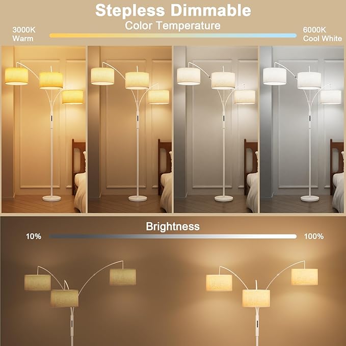 SIBRILLE 36W Dimmable Floor Lamp - 3 Lights Arc Floor Lamps Standing Lamp with Remote & Touch Control, Tall Lamp for Living Room Corner, Bedroom, Office