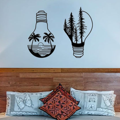 ESTART Metal Pine Tree Wall Art, Metal Bulb Wall Decor, Nature Rustic Farmhouse Cabin Decor, Forest Wall Art for Home Living Room Bedroom Office Indoor and Outdoor Decoration (Black)