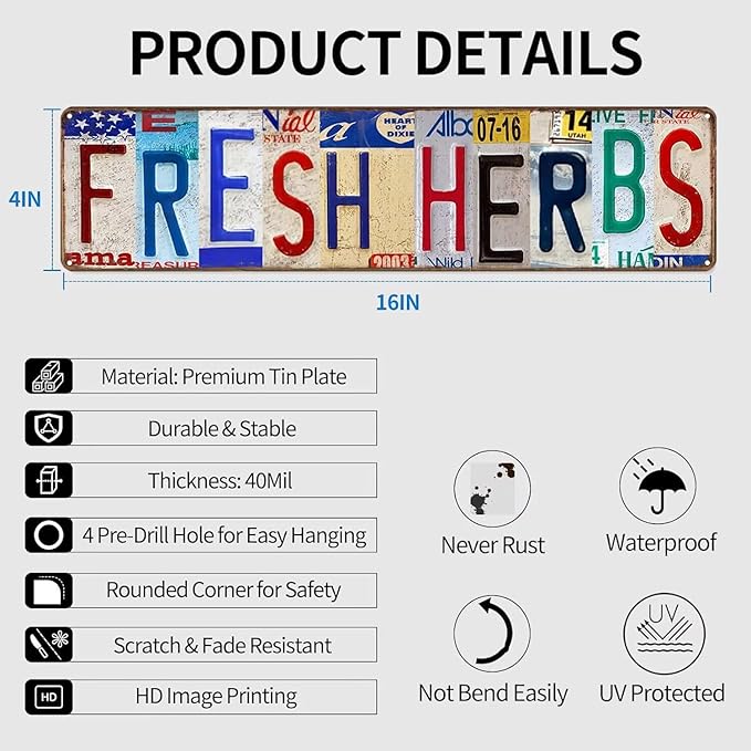 Fresh Herbs Metal Sign Country Farmhouse Home Gardener Tin Sign License Plate Design Street Signs Home Wall Decor 16" x 4"