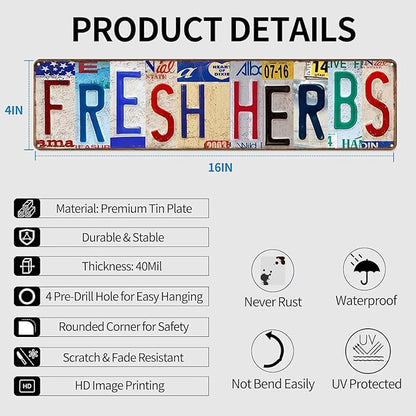 Fresh Herbs Metal Sign Country Farmhouse Home Gardener Tin Sign License Plate Design Street Signs Home Wall Decor 16" x 4"