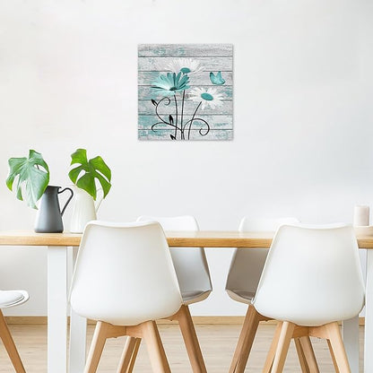 HVEST Farmhouse Teal Floral Wall Art for Living Room, Daisy and Butterfly on Rustic Wood Canvas Wall Art Country Nature Plant Flower Pictures for Bathroom Bedroom Home Wall Decor,12L X 12W inches