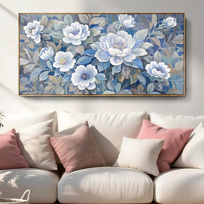 Large Framed Modern Blue Gray And White Wall Art For Living Room, Botanical Landscape Canvas Prints, Blooming Flower Pictures For Bedroom, Bathroom, Dining Room, Hallway 48X24