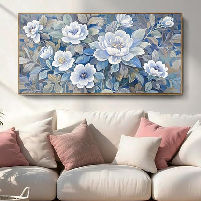 Large Framed Modern Blue Gray And White Wall Art For Living Room, Botanical Landscape Canvas Prints, Blooming Flower Pictures For Bedroom, Bathroom, Dining Room, Hallway 48X24
