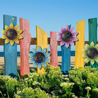 Redvigh Metal Flower Wall Art Decor 4PCS, Sunflower Garden Ornaments 3D Daisy Flower Hanging Wall Decorations for Bedroom Living Room Bedroom Indoor Outdoor