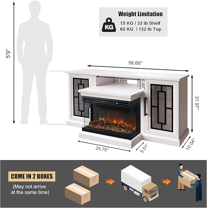 59 Inch LED TV Stand with 3-Side Glass Fireplace, Modern Media Entertainment Center Console Table for TVs up to 65 Inch with Adjustable Flame & LED Color, 24’’ Fireplace, Highboy, Antique White