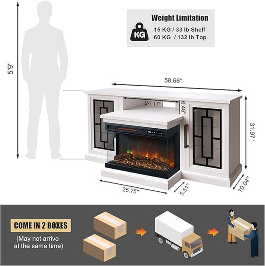 59 Inch LED TV Stand with 3-Side Glass Fireplace, Modern Media Entertainment Center Console Table for TVs up to 65 Inch with Adjustable Flame & LED Color, 24’’ Fireplace, Highboy, Antique White