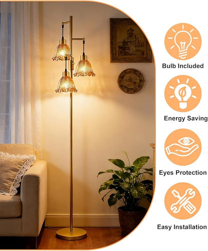 3-Light Modern Glass Floor Lamp, Gold Standing Tall Lamp with Amber Lily Glass Shade for Reading, Dimmable LED Floor Lamp with 5Lbs Heavy Base for Living Room Bedroom Home Decor, Bulb Included