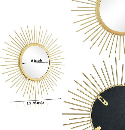 3 Set Sunburst Mirrors for Wall Decor Living Room Bedroom Bathroom Dining Room Metal Boho Sunburst Wall Mirror Set Gold Metal Vintage Circle Art Pack - Gold 11.8 in