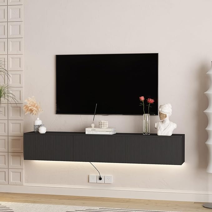 KEIKI 11.8" H x 68.8" L Floating TV Stand Wall Mounted with 16 Color LEDs & Power Outlets for TVs Up to 70 Inch, Wooden Media Console Entertainment Center Television Table Cabinet for Living Room