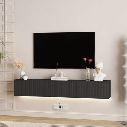 KEIKI 11.8" H x 68.8" L Floating TV Stand Wall Mounted with 16 Color LEDs & Power Outlets for TVs Up to 70 Inch, Wooden Media Console Entertainment Center Television Table Cabinet for Living Room