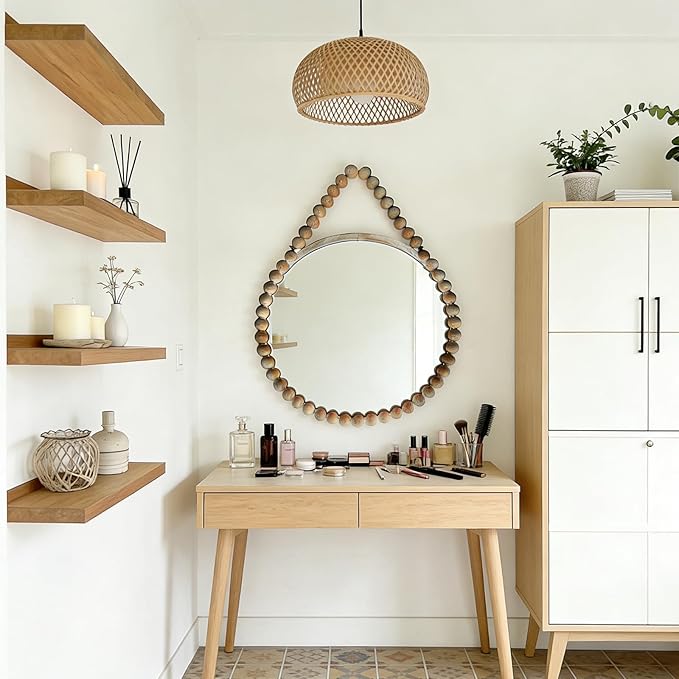POZINO Wood Beaded Round Wall Mirror, 24" Farmhouse Hanging Rustic Mirror with Rope, Spherical Frame for Bathroom Bedroom Living Room Hallway Entryway Fireplace