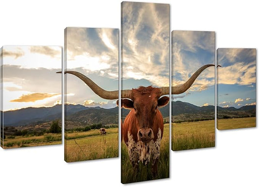 Yatsen Bridge 5 Panels Cow Canvas Wall Art Texas Longhorn Wall Decor Painting for Living Room - 60''W x 40''H